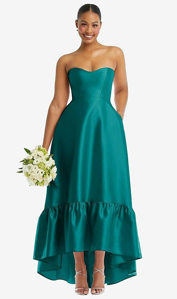 strapless deep ruffle hem satin high low dress with pockets