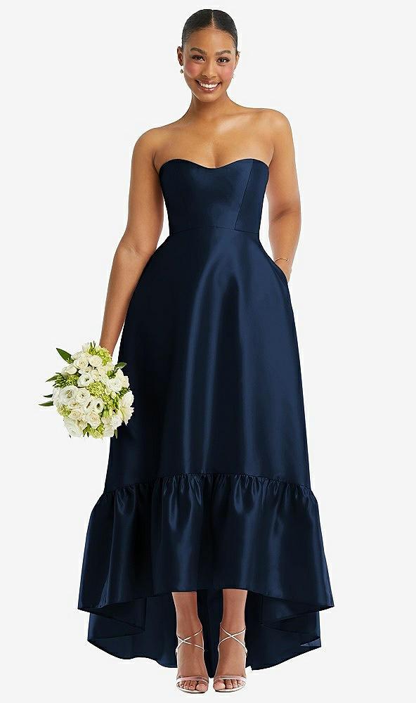 strapless deep ruffle hem satin high low dress with pockets