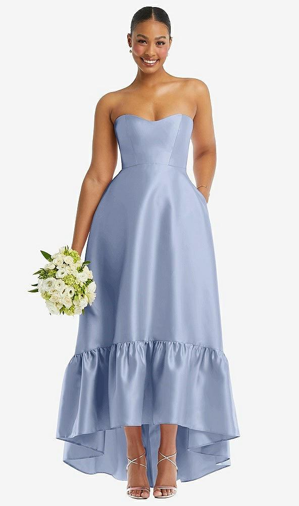 strapless deep ruffle hem satin high low dress with pockets