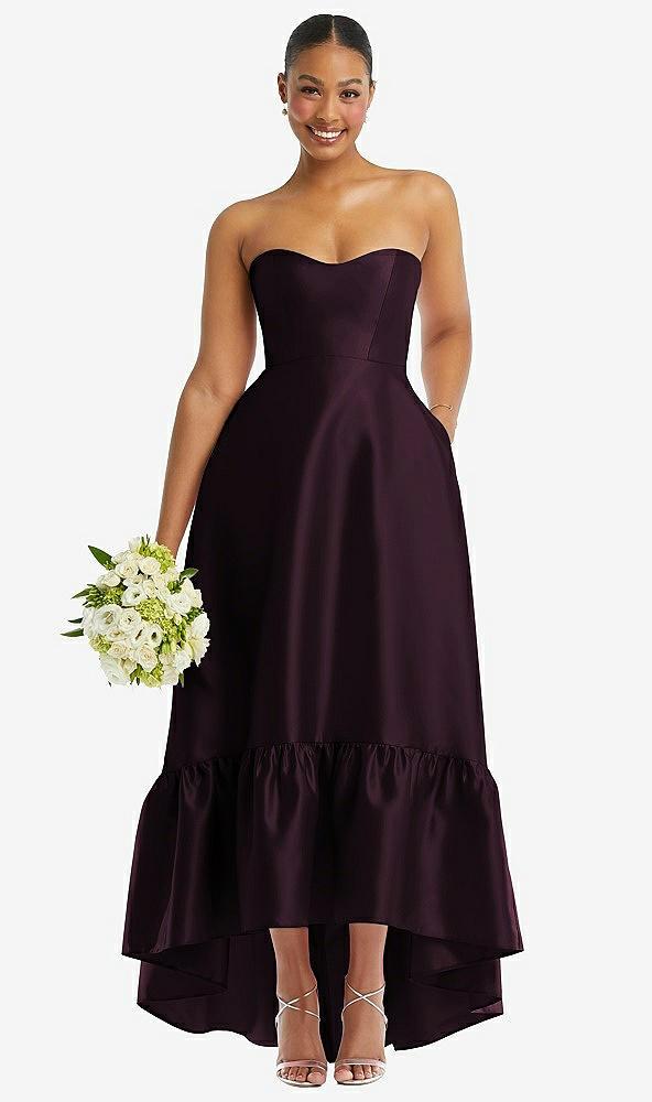 strapless deep ruffle hem satin high low dress with pockets