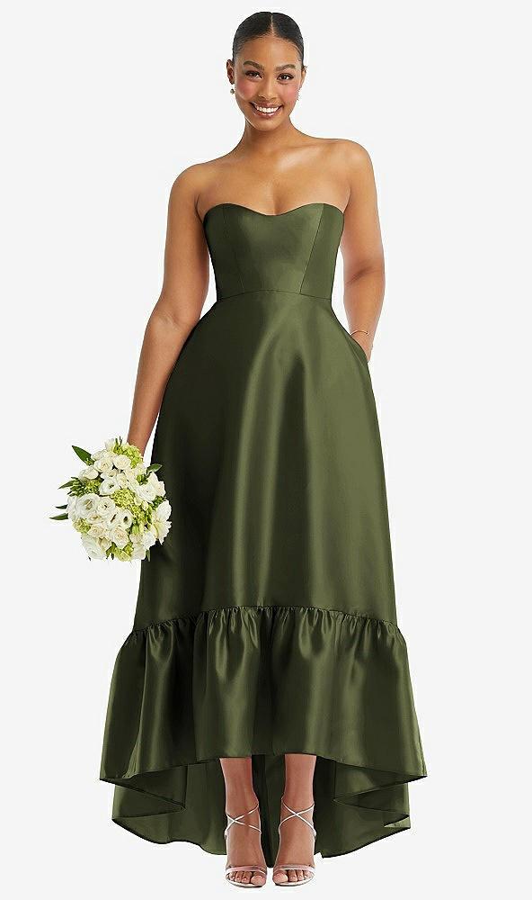 strapless deep ruffle hem satin high low dress with pockets