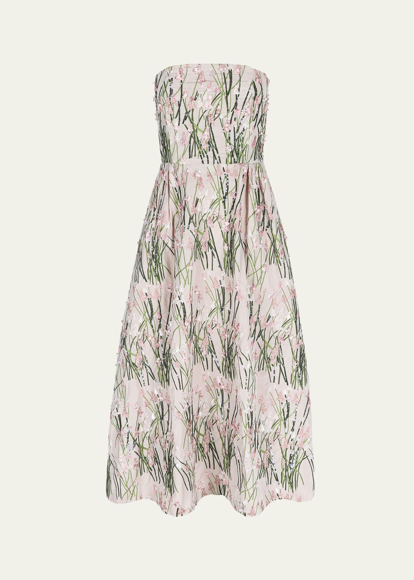 strapless dette embroidered midi dress