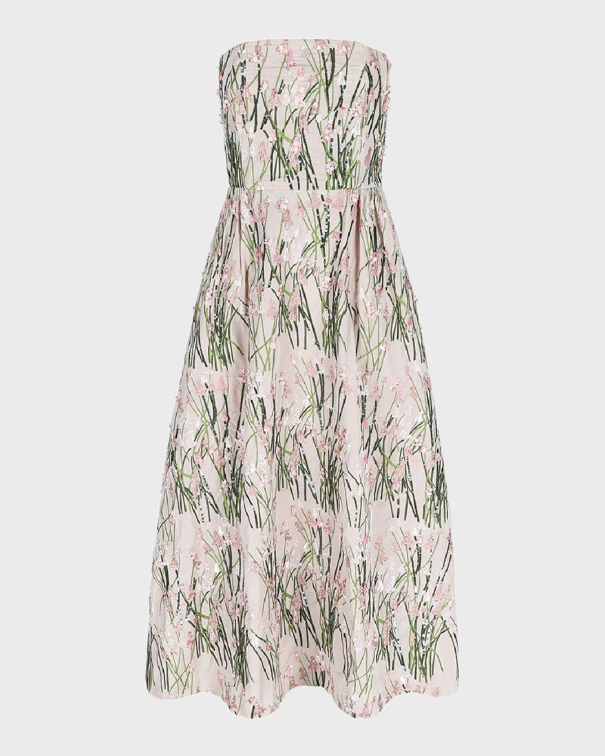 strapless dette embroidered midi dress