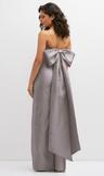 strapless draped bodice column dress with oversized bow