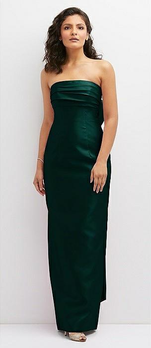strapless draped bodice column dress with oversized bow