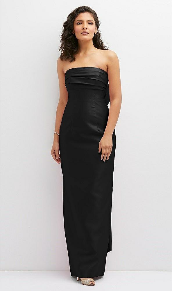 strapless draped bodice column dress with oversized bow