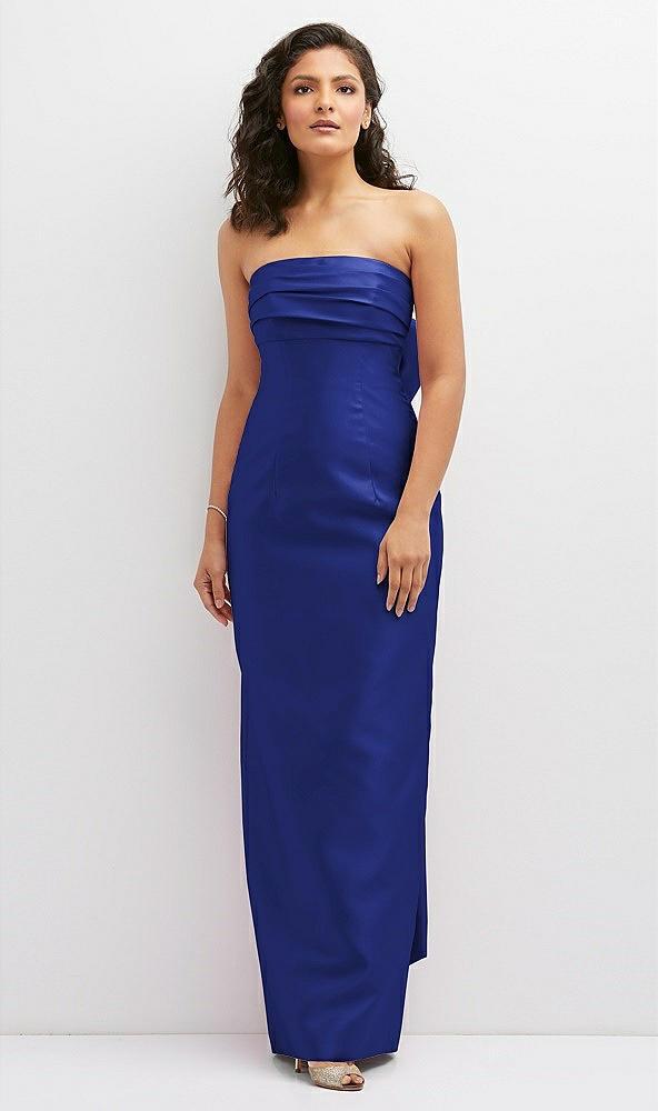 strapless draped bodice column dress with oversized bow
