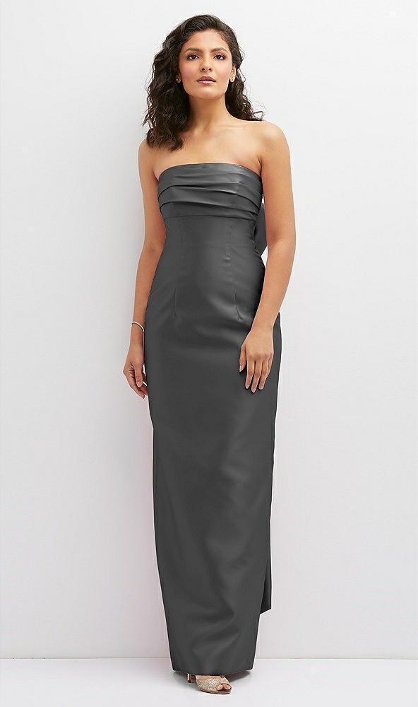 strapless draped bodice column dress with oversized bow