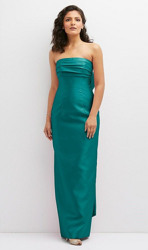 strapless draped bodice column dress with oversized bow