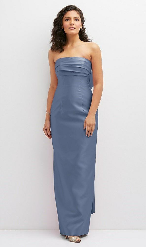 strapless draped bodice column dress with oversized bow