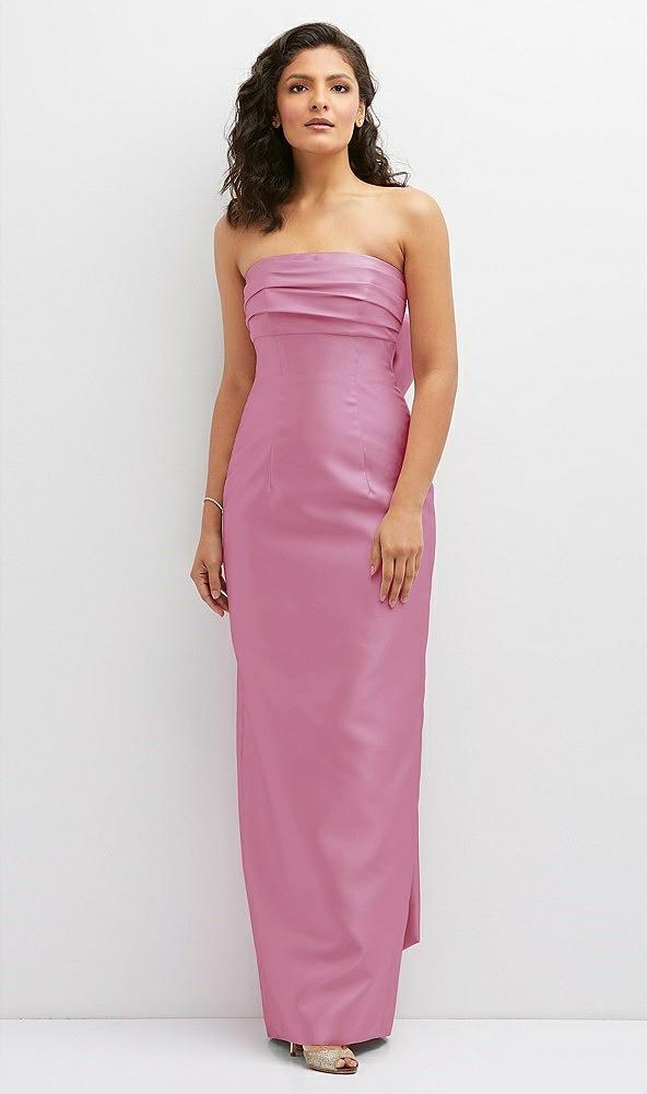 strapless draped bodice column dress with oversized bow
