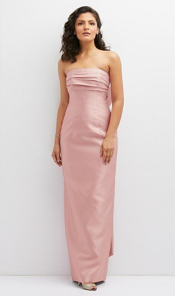 strapless draped bodice column dress with oversized bow