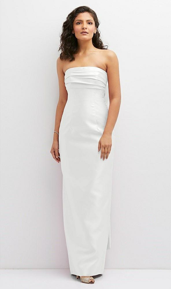 strapless draped bodice column dress with oversized bow