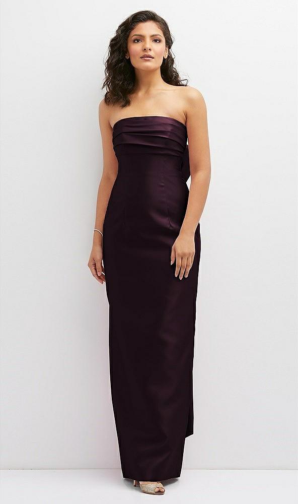strapless draped bodice column dress with oversized bow