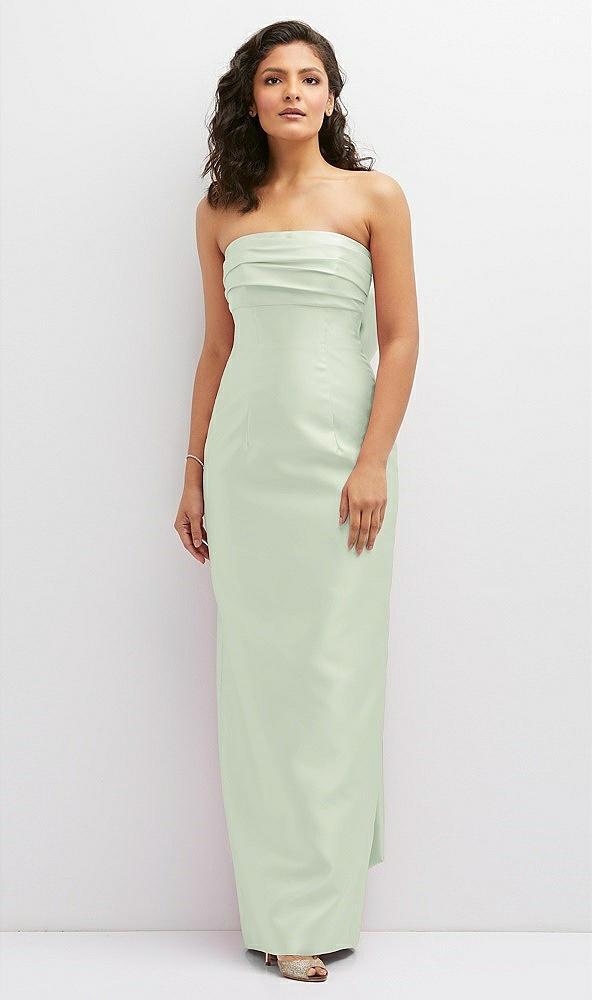 strapless draped bodice column dress with oversized bow