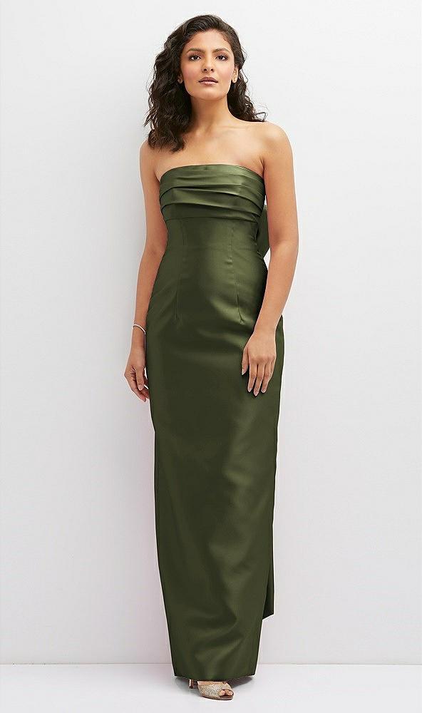 strapless draped bodice column dress with oversized bow