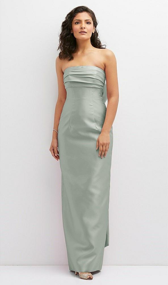 strapless draped bodice column dress with oversized bow