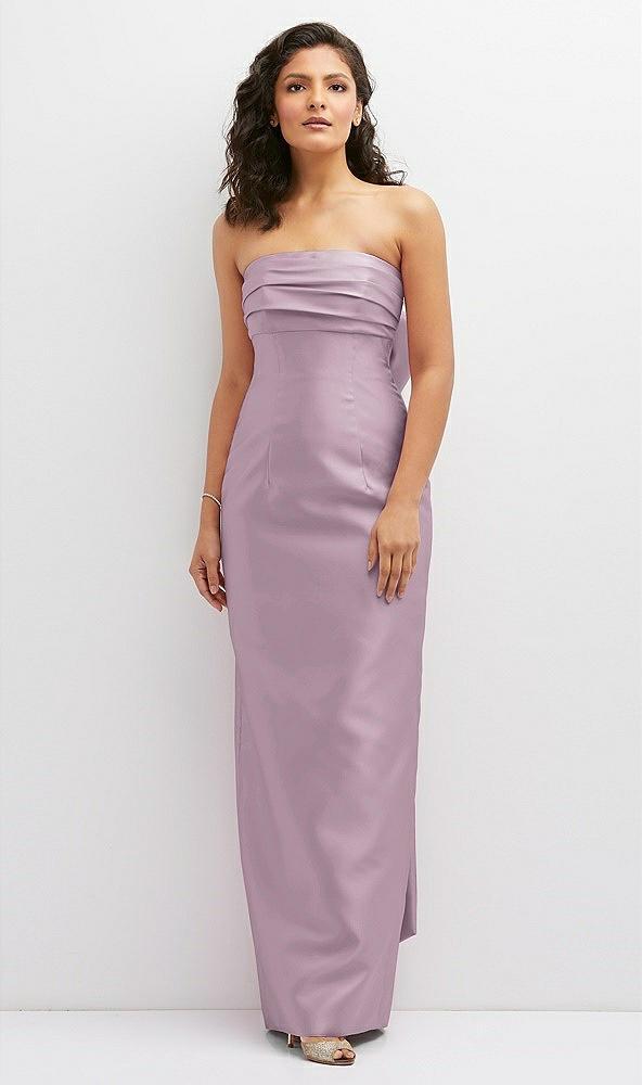 strapless draped bodice column dress with oversized bow
