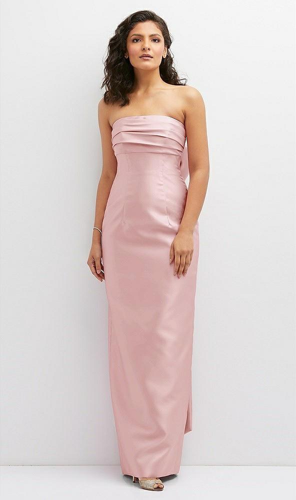 strapless draped bodice column dress with oversized bow