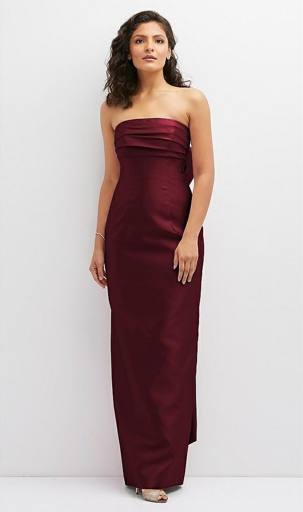 strapless draped bodice column dress with oversized bow