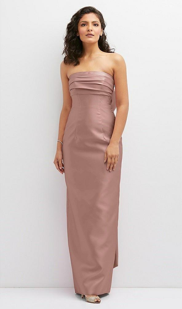 strapless draped bodice column dress with oversized bow