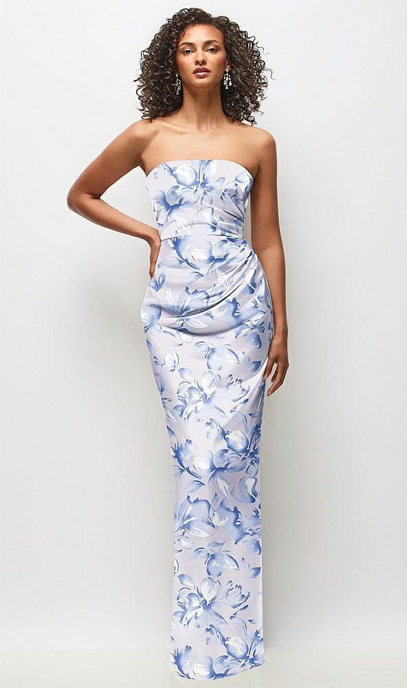 strapless draped bodice floral stretch satin column maxi dress