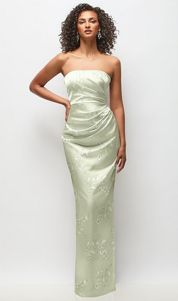 strapless draped bodice floral stretch satin column maxi dress