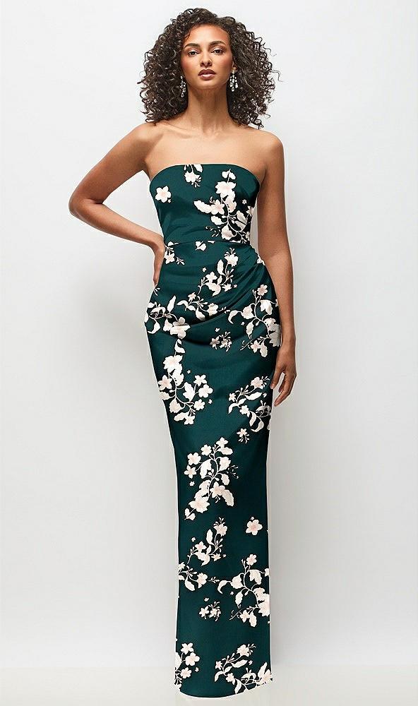 strapless draped bodice floral stretch satin column maxi dress