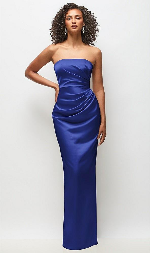 strapless draped bodice stretch satin column maxi dress