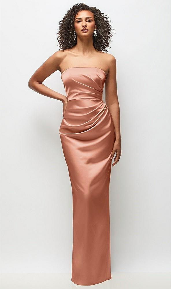 strapless draped bodice stretch satin column maxi dress