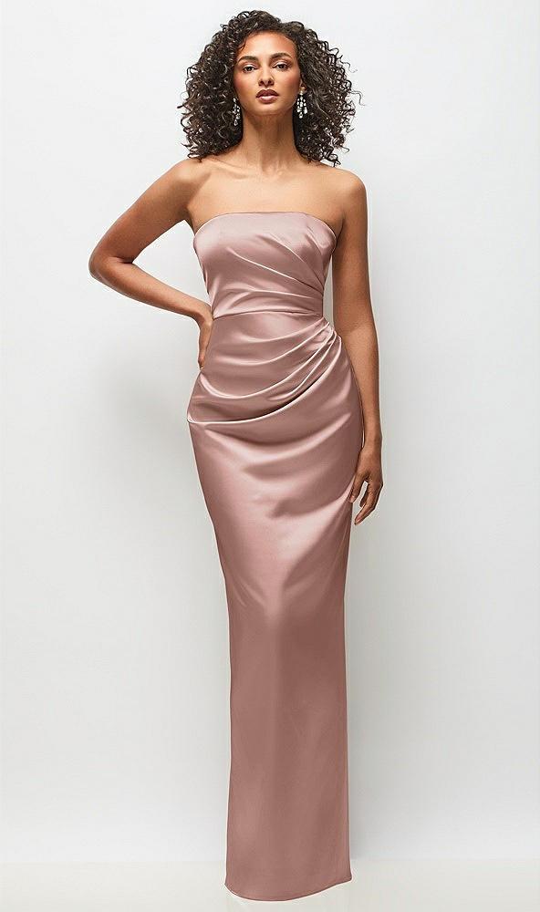 strapless draped bodice stretch satin column maxi dress