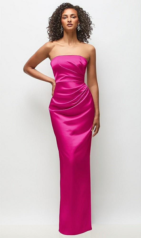 strapless draped bodice stretch satin column maxi dress