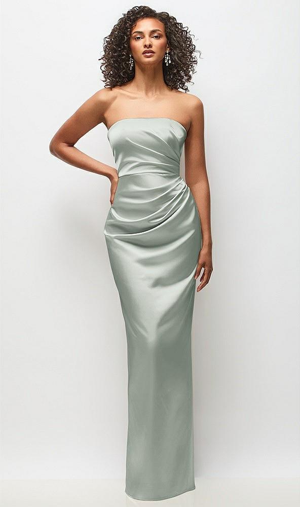 strapless draped bodice stretch satin column maxi dress