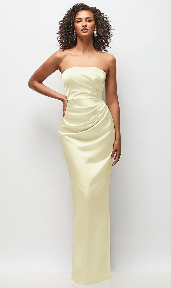 strapless draped bodice stretch satin column maxi dress