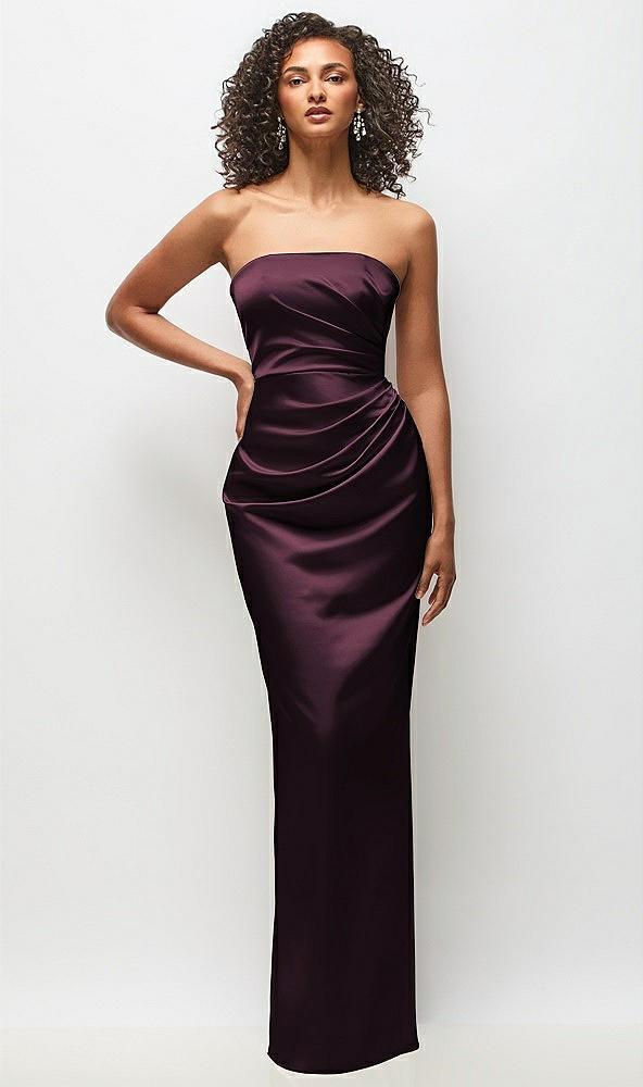 strapless draped bodice stretch satin column maxi dress