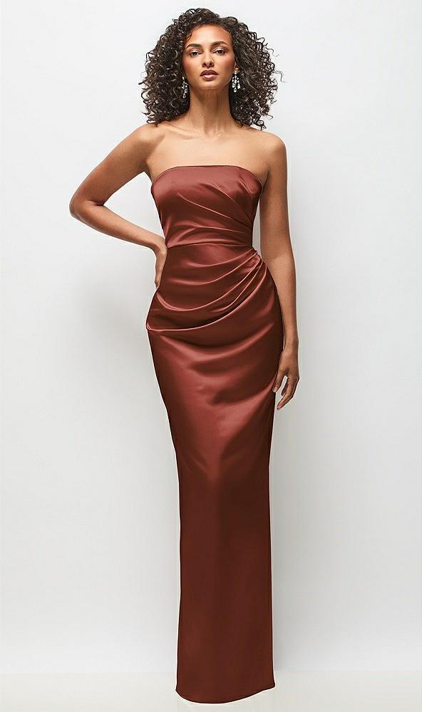 strapless draped bodice stretch satin column maxi dress