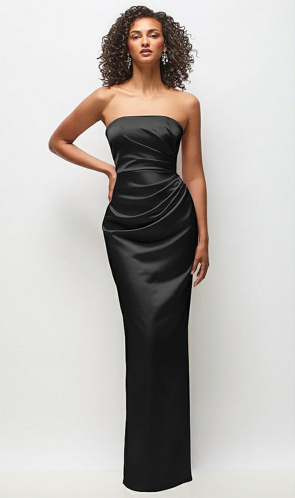 strapless draped bodice stretch satin column maxi dress