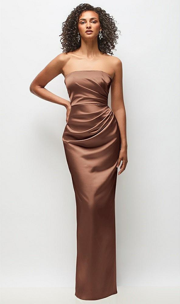 strapless draped bodice stretch satin column maxi dress