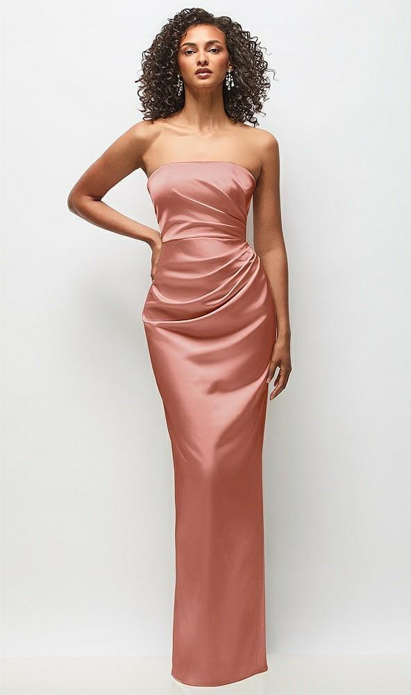 strapless draped bodice stretch satin column maxi dress