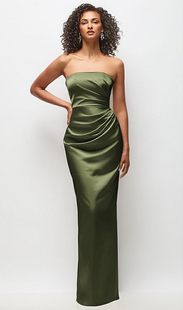 strapless draped bodice stretch satin column maxi dress