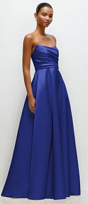 strapless draped cat-eye satin maxi dress with full skirt