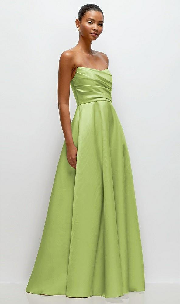 strapless draped cat-eye satin maxi dress with full skirt