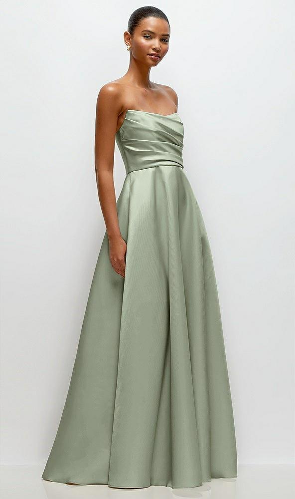 strapless draped cat-eye satin maxi dress with full skirt