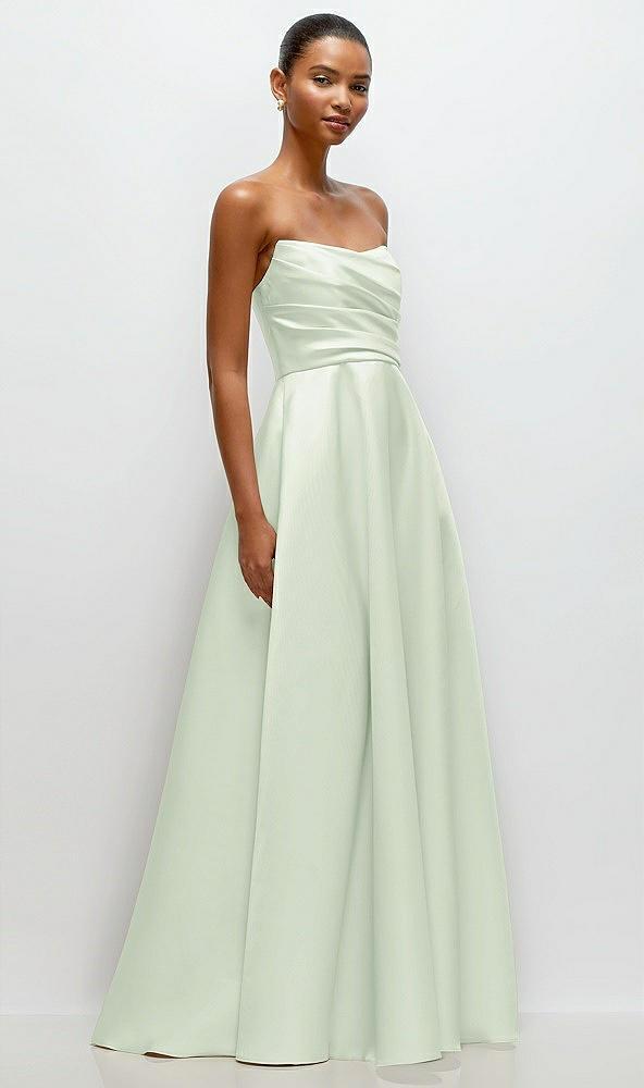 strapless draped cat-eye satin maxi dress with full skirt
