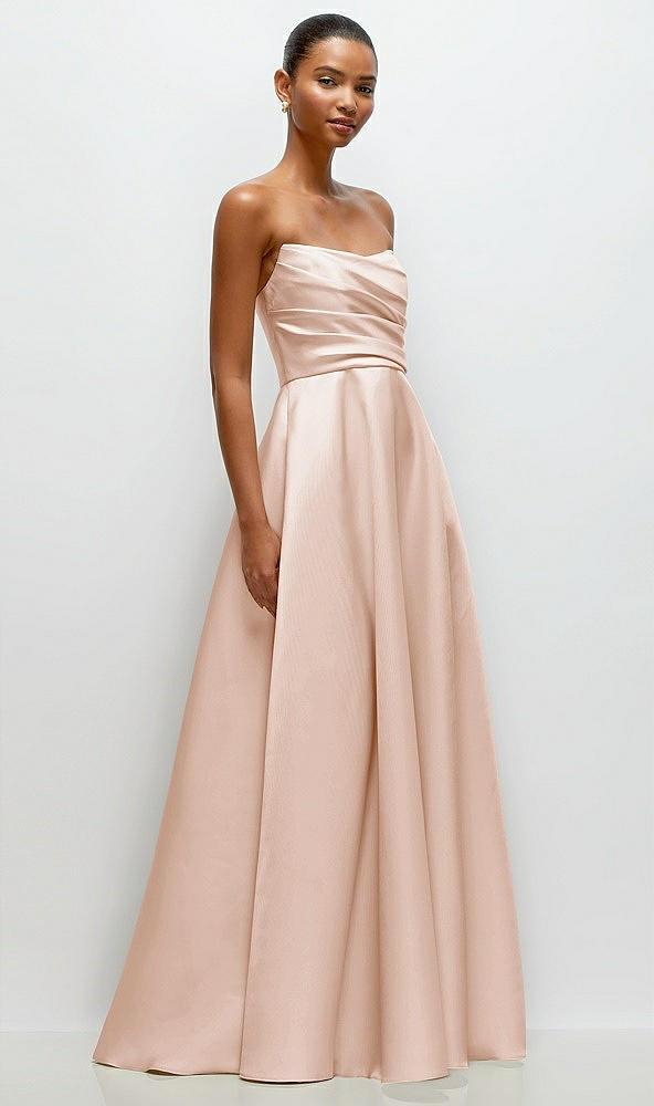 strapless draped cat-eye satin maxi dress with full skirt