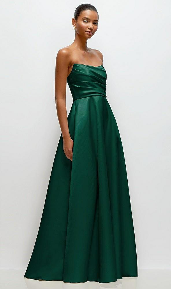 strapless draped cat-eye satin maxi dress with full skirt