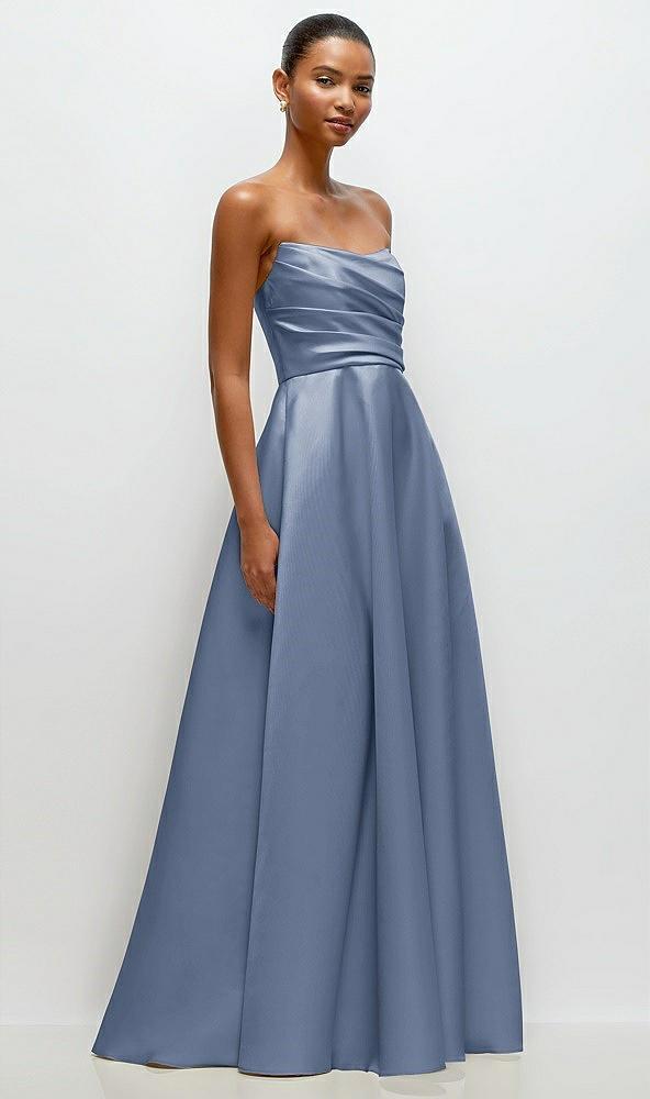 strapless draped cat-eye satin maxi dress with full skirt