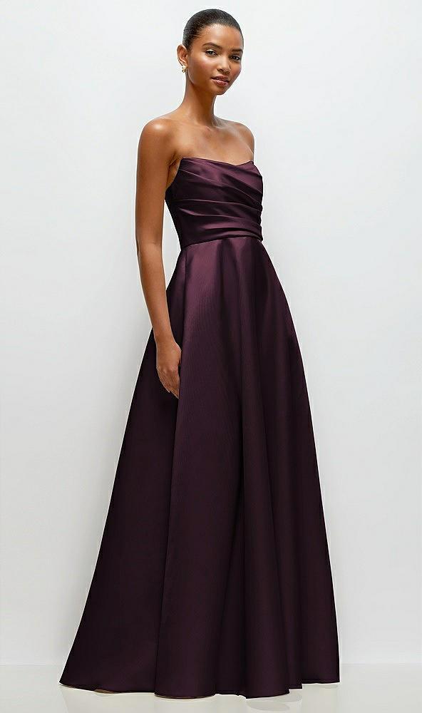 strapless draped cat-eye satin maxi dress with full skirt