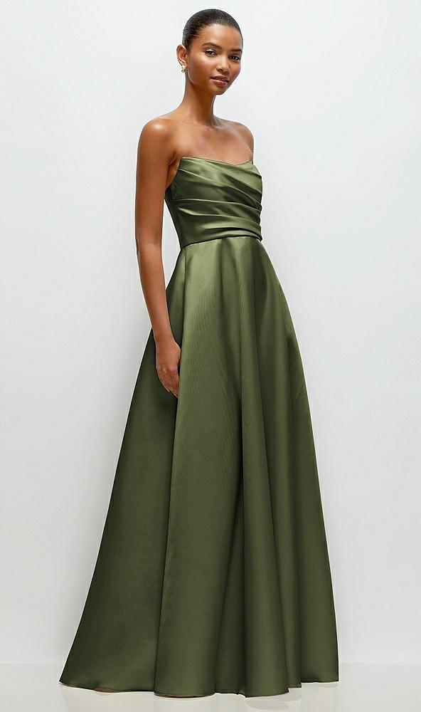 strapless draped cat-eye satin maxi dress with full skirt