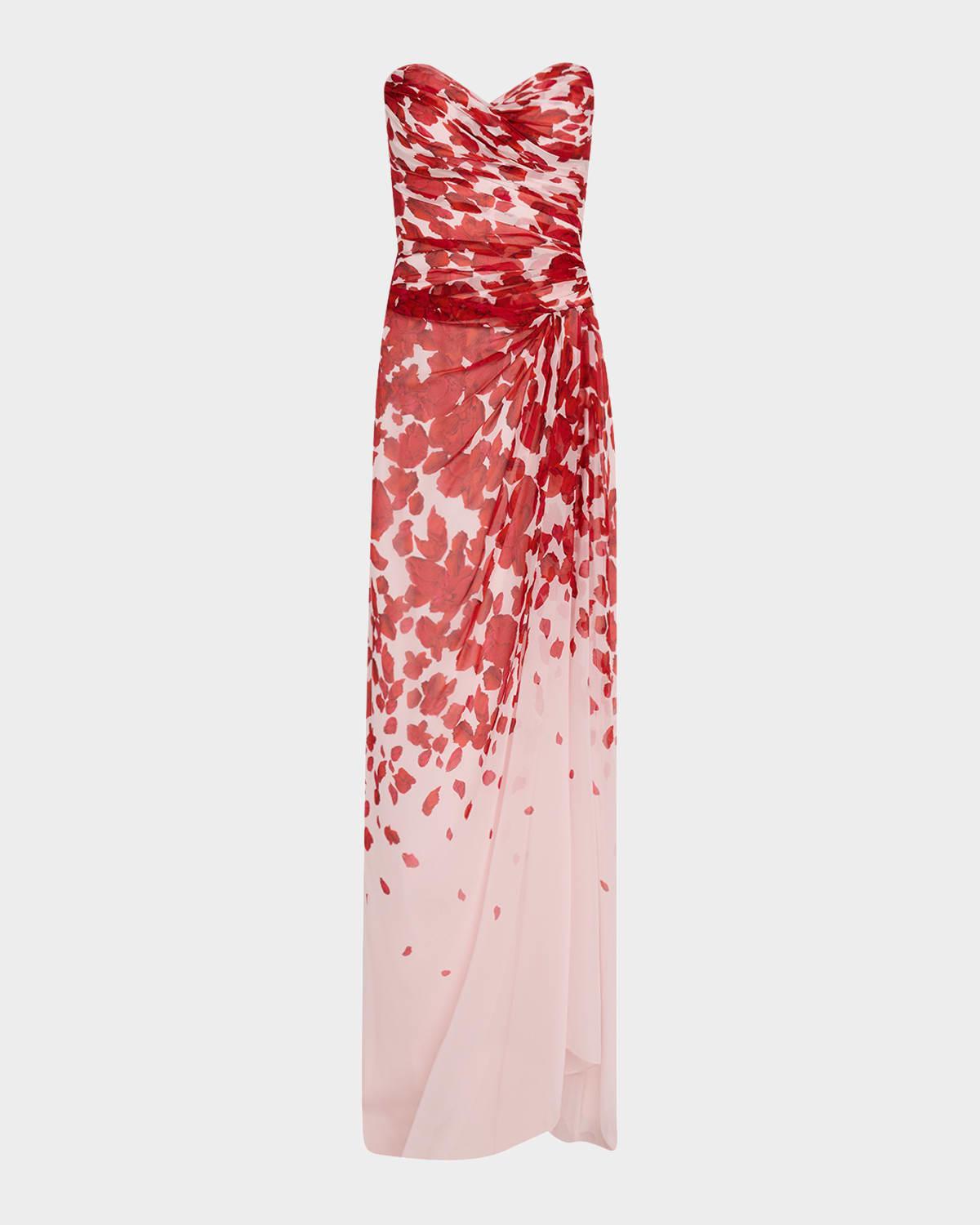 strapless draped chiffon slit gown